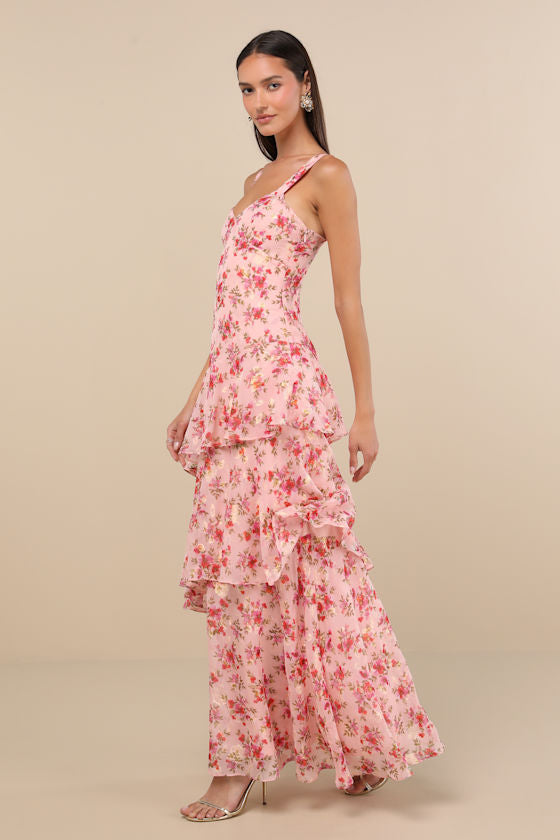 Laurette Pink Floral Tiered Sleeveless Maxi Dress