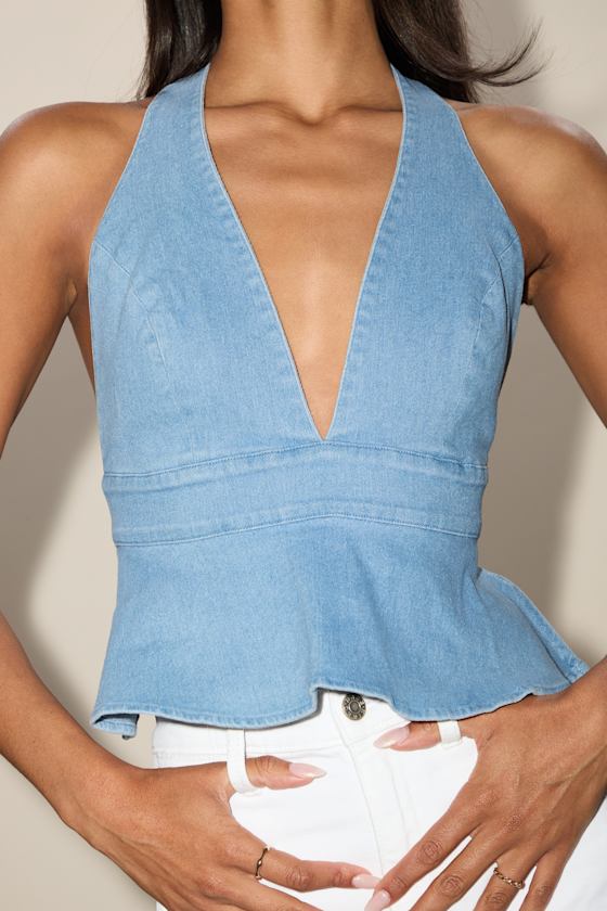 Iolani Light Wash Denim Tie-Back Peplum Halter Top