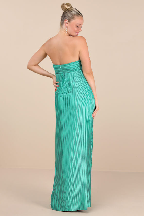 Whimsical Beauty Teal Green Satin Plisse Strapless Maxi Dress
