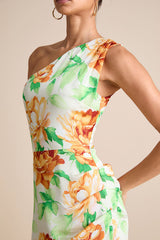 Divinely Blooming White Multi Floral One-Shoulder Midi Dress