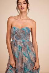 Juniva Teal Multi Abstract Print Pleated Bustier Midi Dress