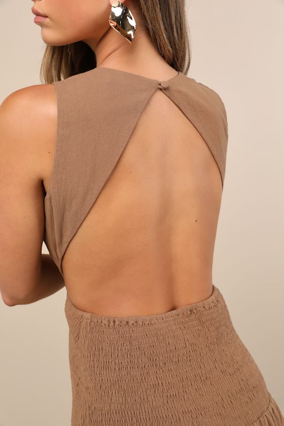 Melina Light Brown Backless Drop Waist Midi Dress