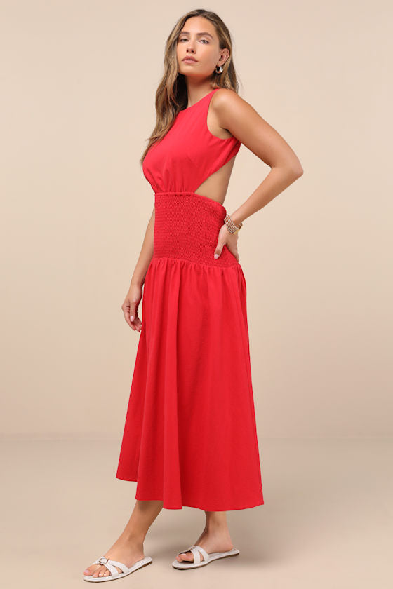 Melina Red Backless Drop Waist Midi Dress