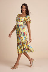 Authentically Yours Yellow Multi Abstract Print Satin Midi Dress