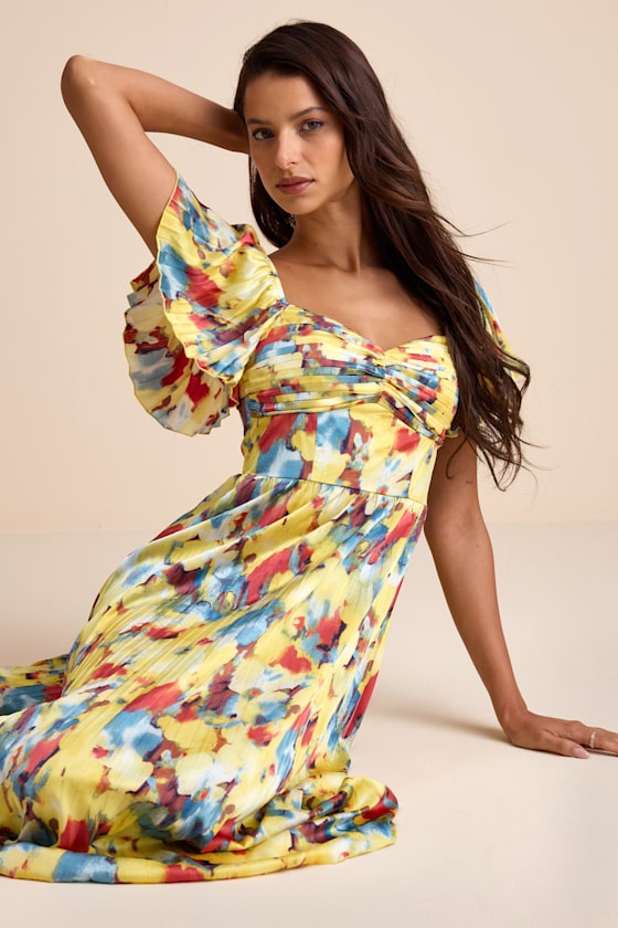 Authentically Yours Yellow Multi Abstract Print Satin Midi Dress