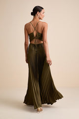 Dreaming in Color Olive Green V-Neck Pleated Satin Maxi Dress