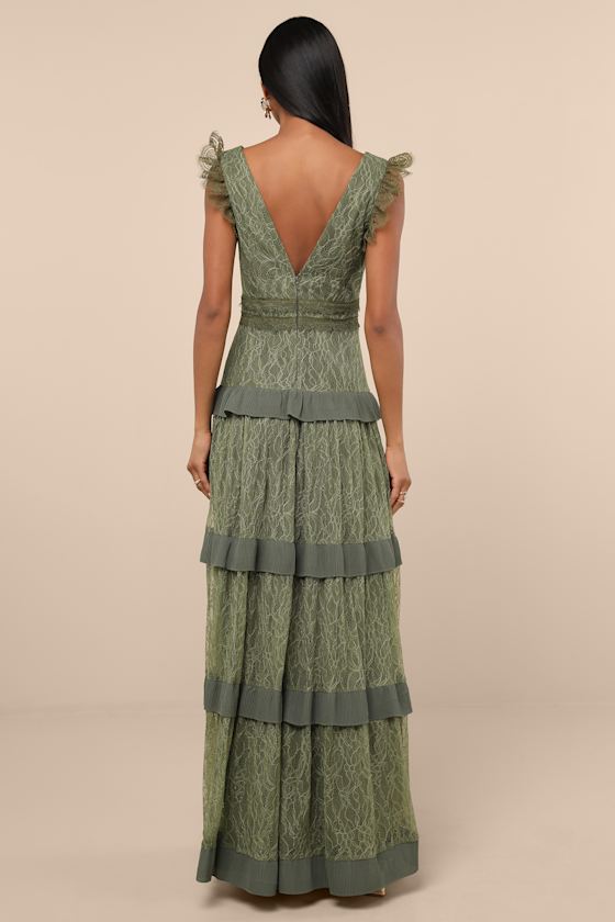 Marvelous Darling Olive Lace Ruffled Tiered Maxi Dress
