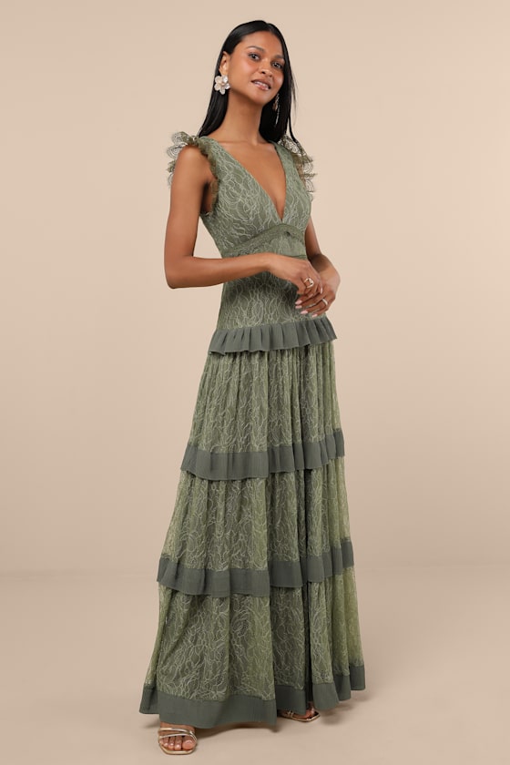 Marvelous Darling Olive Lace Ruffled Tiered Maxi Dress