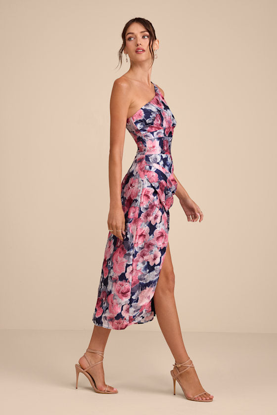 Jemmilah Navy Floral Textured One-Shoulder Midi Dress
