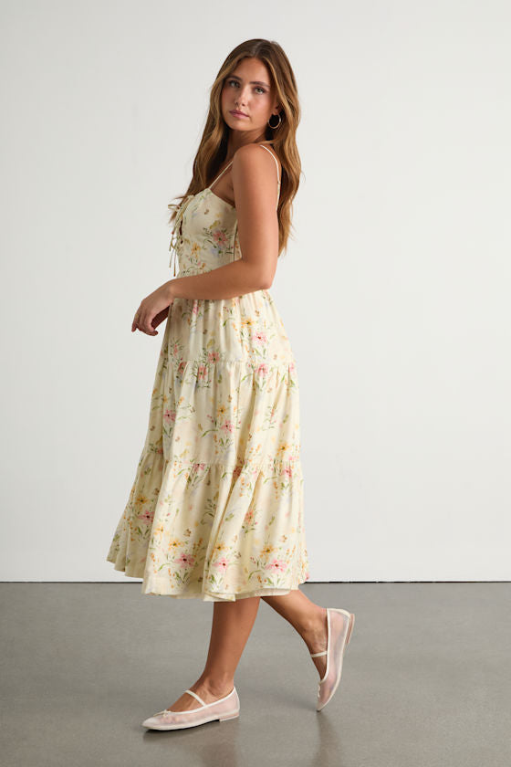Nattie Pale Yellow Floral Tie-Front Tiered Midi Dress