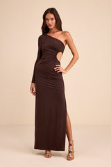 Malayah Brown Jersey Knit Cutout Column Maxi Dress