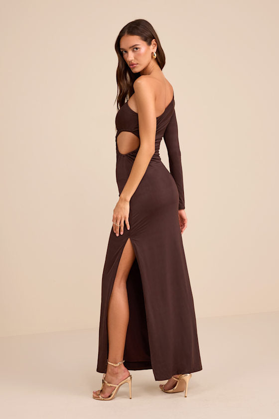 Malayah Brown Jersey Knit Cutout Column Maxi Dress