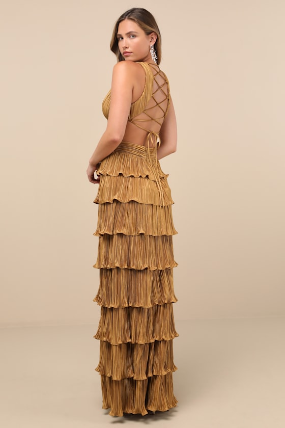 Beauty Icon Gold Satin Pleated Tiered Lace-Up Maxi Dress