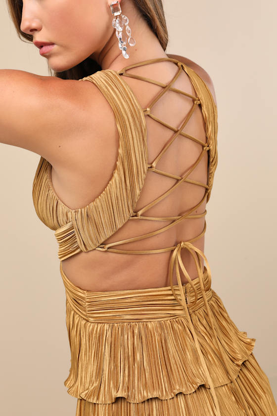 Beauty Icon Gold Satin Pleated Tiered Lace-Up Maxi Dress