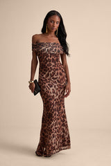 Dunia Brown Leopard Print Mesh Off-the-Shoulder Maxi Dress