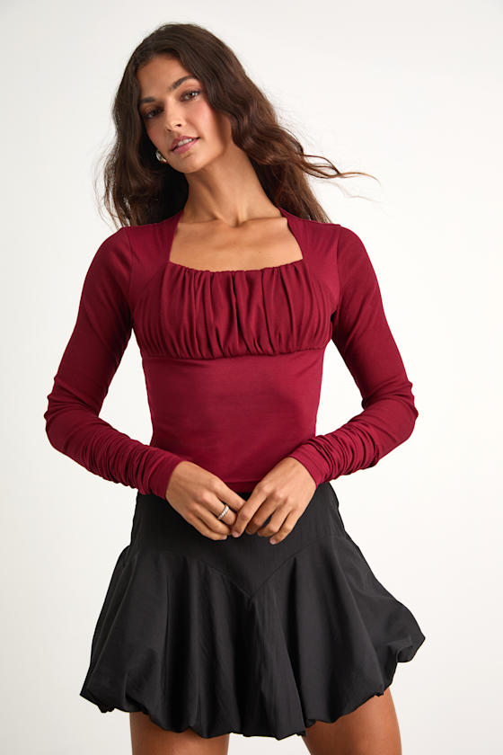 Bloom Heart Wine Red Gathered Long Sleeve Top