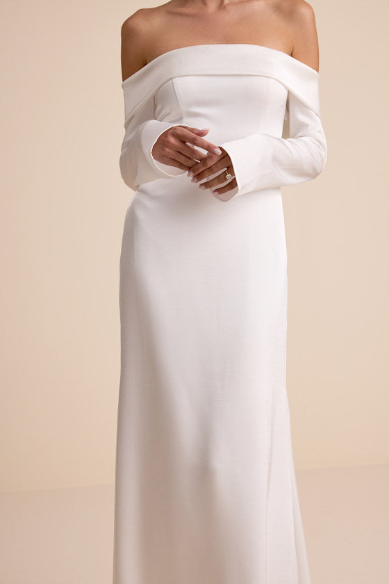 Saintclair White Satin Off-the-Shoulder Long Sleeve Maxi Dress