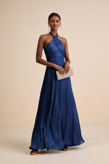 Canley Blue Satin Cross-Front Halter Maxi Dress