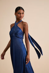 Canley Blue Satin Cross-Front Halter Maxi Dress