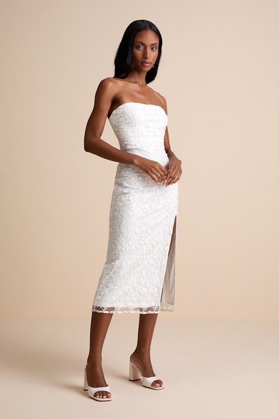Tera White Floral Embroidered Strapless Midi Dress