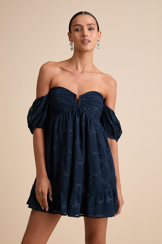 Cutest Icon Navy Embroidered Off-the-Shoulder Mini Dress