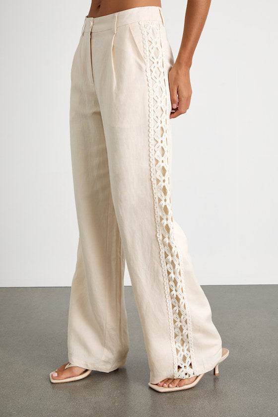 Vannah Ivory Linen Crochet Lace Wide-Leg Pants