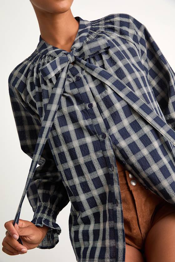 Hassie Navy Plaid Tie-Neck Button-Front Long Sleeve Top