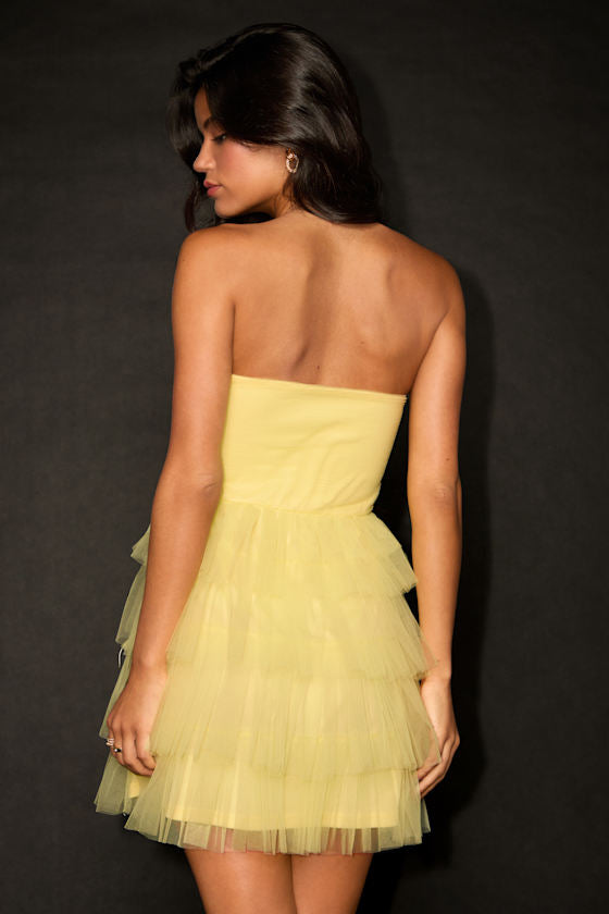 Sapphira Light Yellow Tulle Tiered Cutout Mini Dress