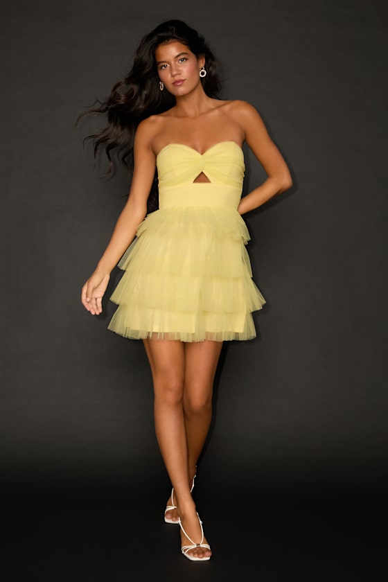 Sapphira Light Yellow Tulle Tiered Cutout Mini Dress