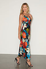 Sahalia Black Floral Satin Backless Midi Dress