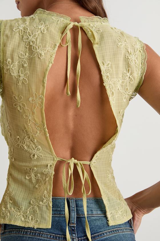 Dessie Lime Embroidered Tie-Back Tank Top