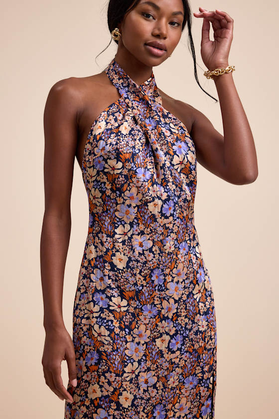 Elarinn Navy Floral Cross-Front Halter Midi Dress
