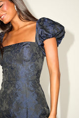Momentous Cuteness Navy Jacquard Off-the-Shoulder Mini Dress