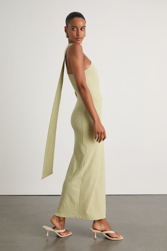 Venna Heathered Sage One-Shoulder Scarf Maxi Dress