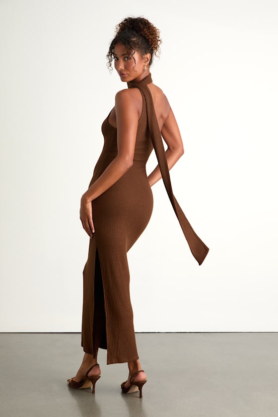 Venna Heathered Brown One-Shoulder Scarf Maxi Dress