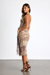 Francine Beige Multi Boho Print Halter Midi Dress