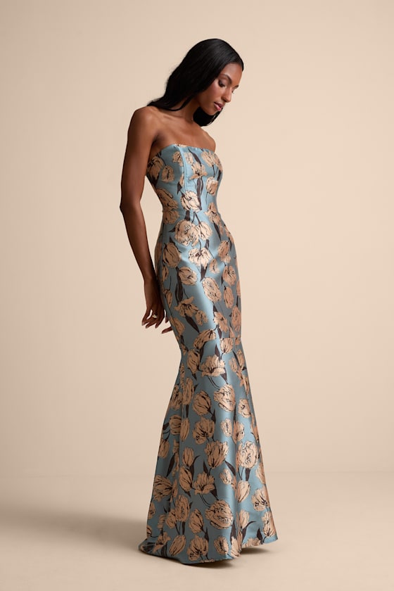 Gowning Around Slate Blue Floral Jacquard Strapless Maxi Dress