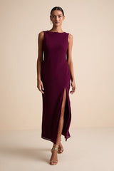 Yaneli Plum Boat Neck Cowl Back Maxi Dress