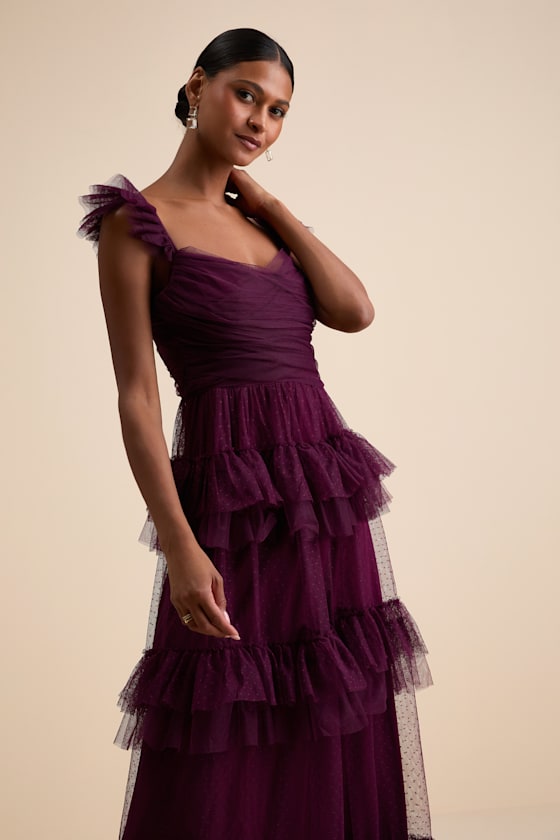 Pure Radiance Plum Purple Mesh Swiss Dot Tiered Maxi Dress