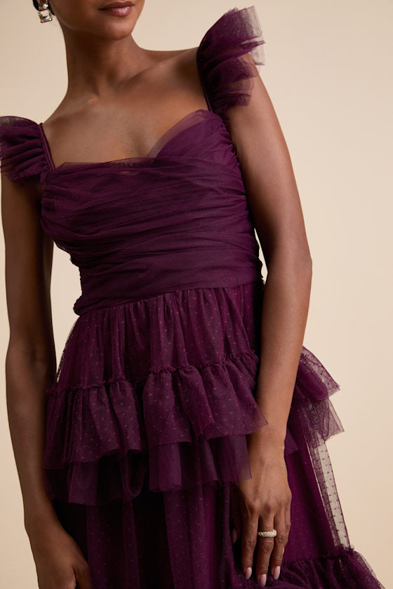 Pure Radiance Plum Purple Mesh Swiss Dot Tiered Maxi Dress