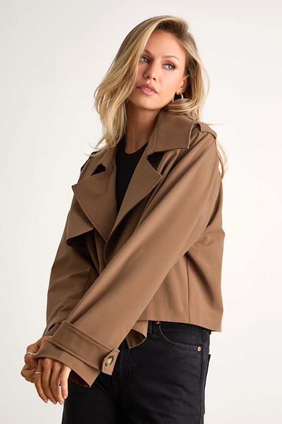 Donley Light Brown Double-Breasted Cropped Trench Coat