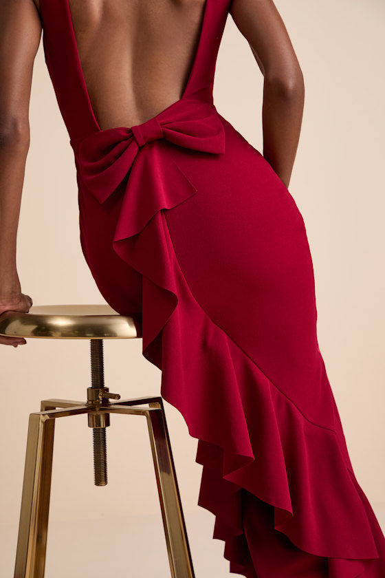 Exquisite Refinement Red Backless Bow Ruffled Maxi Dress