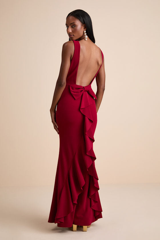 Exquisite Refinement Red Backless Bow Ruffled Maxi Dress