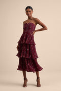 Hadelyn Wine Red Floral Pleated Tiered Midi Dress