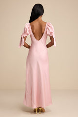 Santa Marta Blush Pink Satin Puff Sleeve Bow Maxi Dress