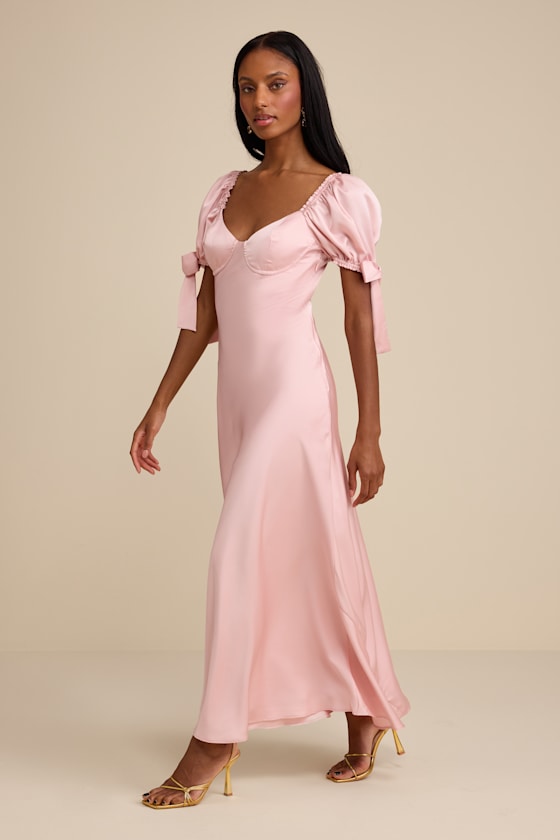 Santa Marta Blush Pink Satin Puff Sleeve Bow Maxi Dress
