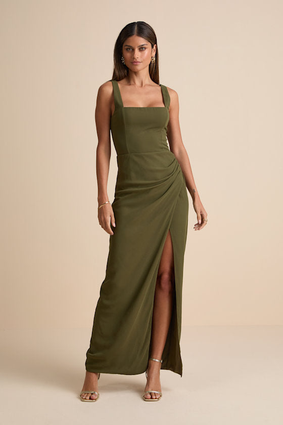 Glamorous Disposition Olive Green Ruched Maxi Dress
