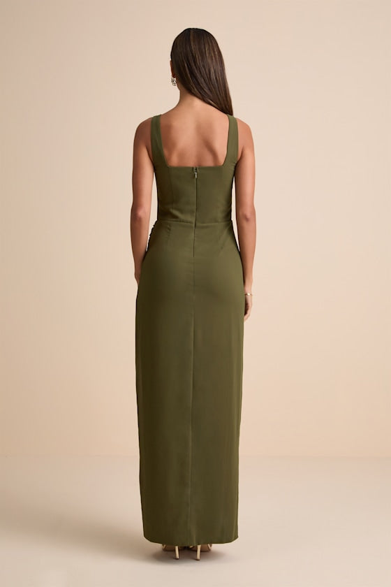 Glamorous Disposition Olive Green Ruched Maxi Dress