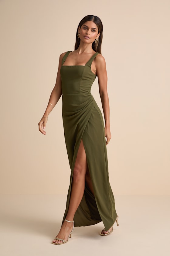 Glamorous Disposition Olive Green Ruched Maxi Dress