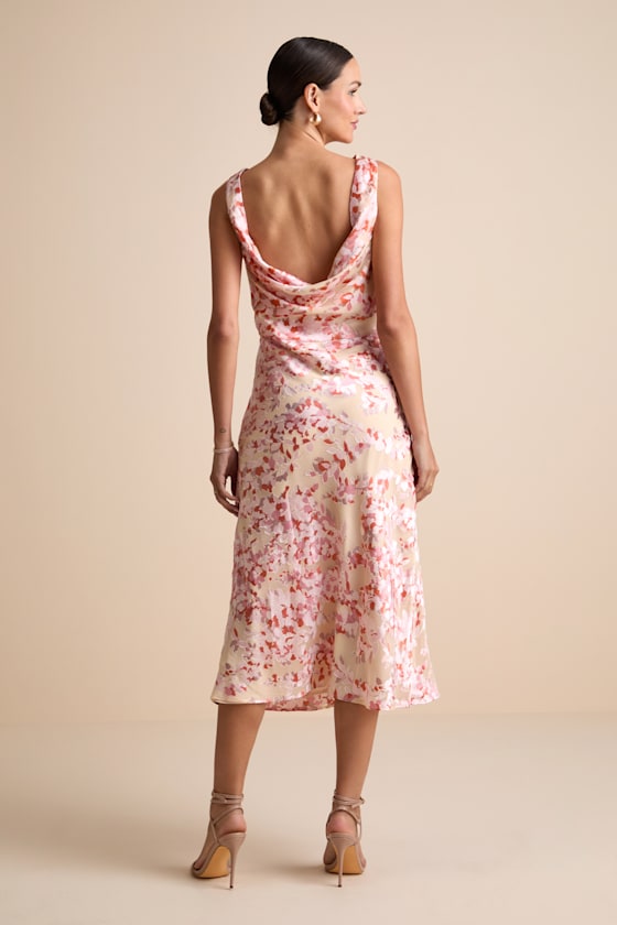 Tarice Beige Floral Jacquard Cowl Back Midi Dress